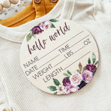 Baby Birth Announcement Sign - Wooden Purple Floral