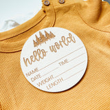 Baby Birth Announcement Sign - Hello World Round With Trees