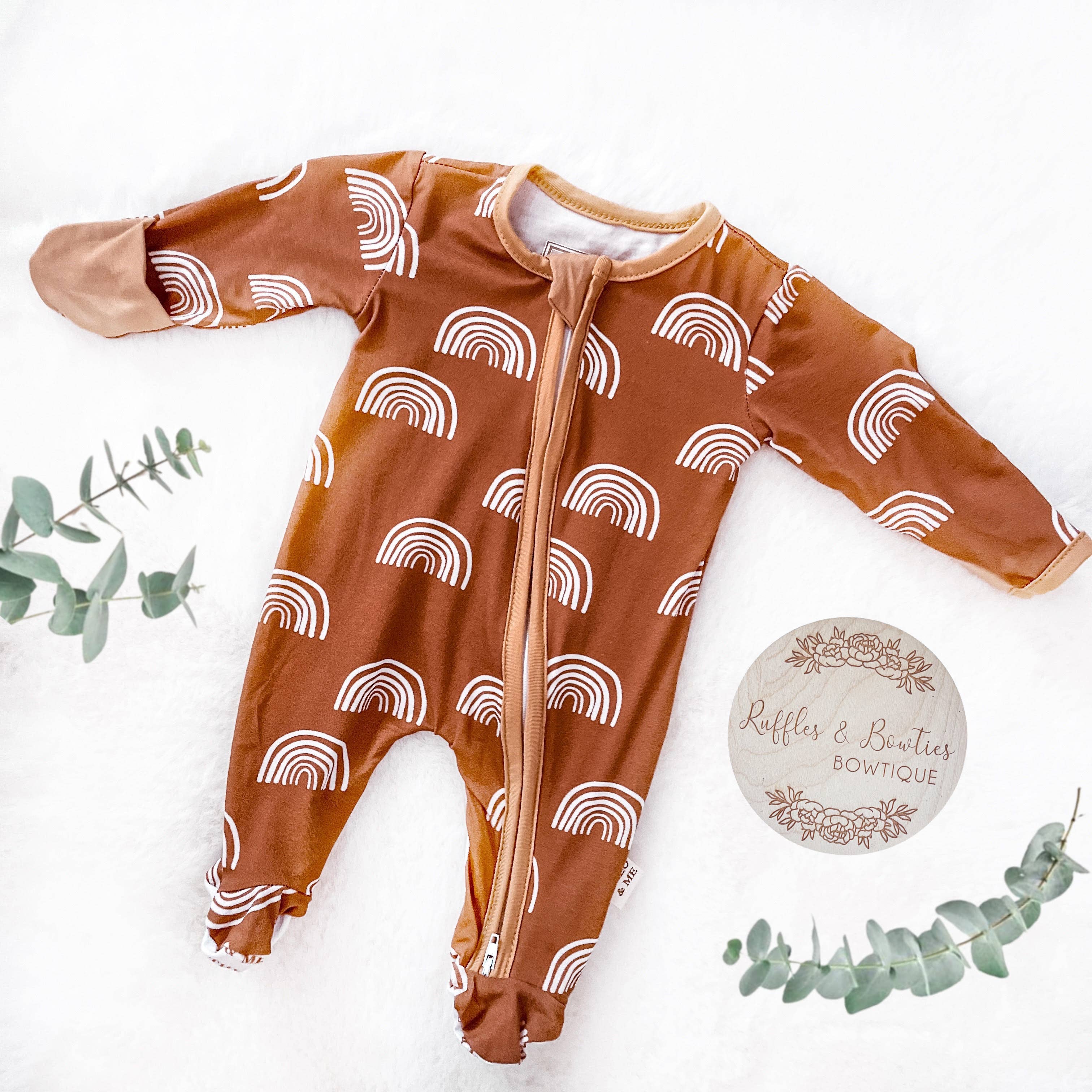 Baby Neutral Printed Bamboo Zippies - Rust with White Rainb