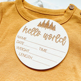 Baby Birth Announcement Sign - Hello World Round With Trees